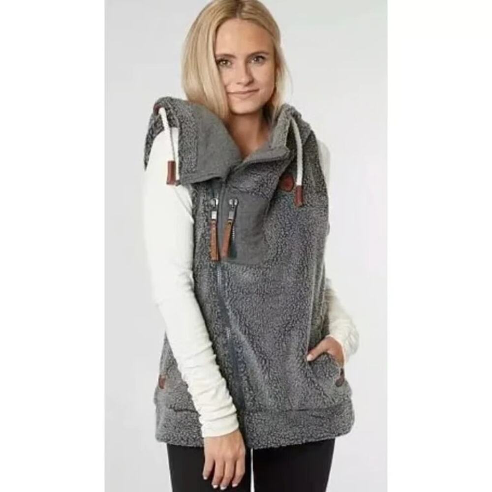Wanakome Kira Gray Wool Blend Sherpa Cowl Hooded Neck Asymmetric Zip Vest XL